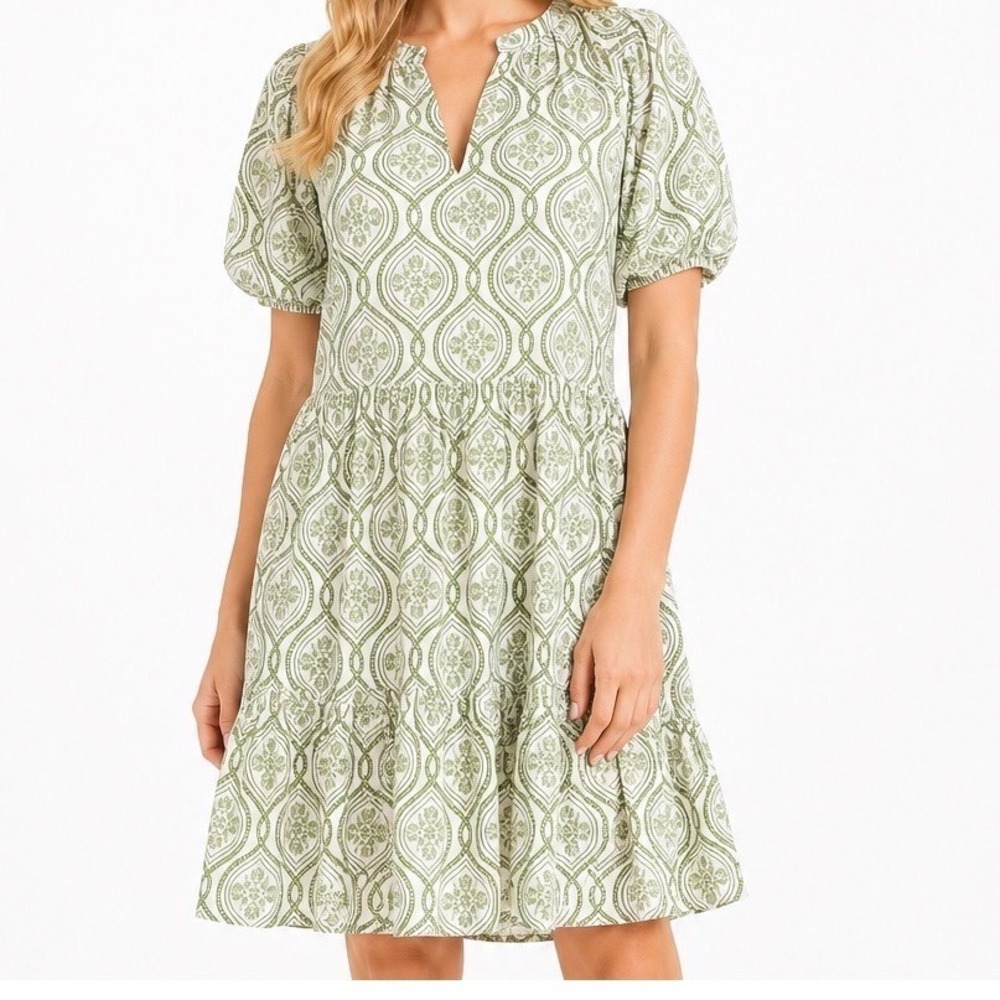 Marigold by Victoria Dunn‎ Green White Block Print Dress Puff Sleeve Mini XL NWT